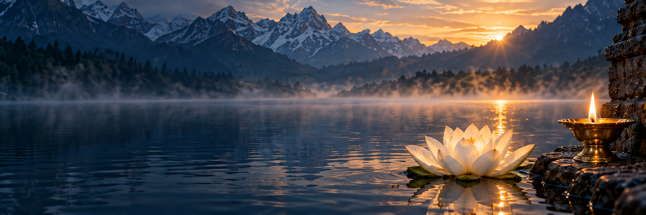 A lotus and oil lamp beside a mountain lake at dawn