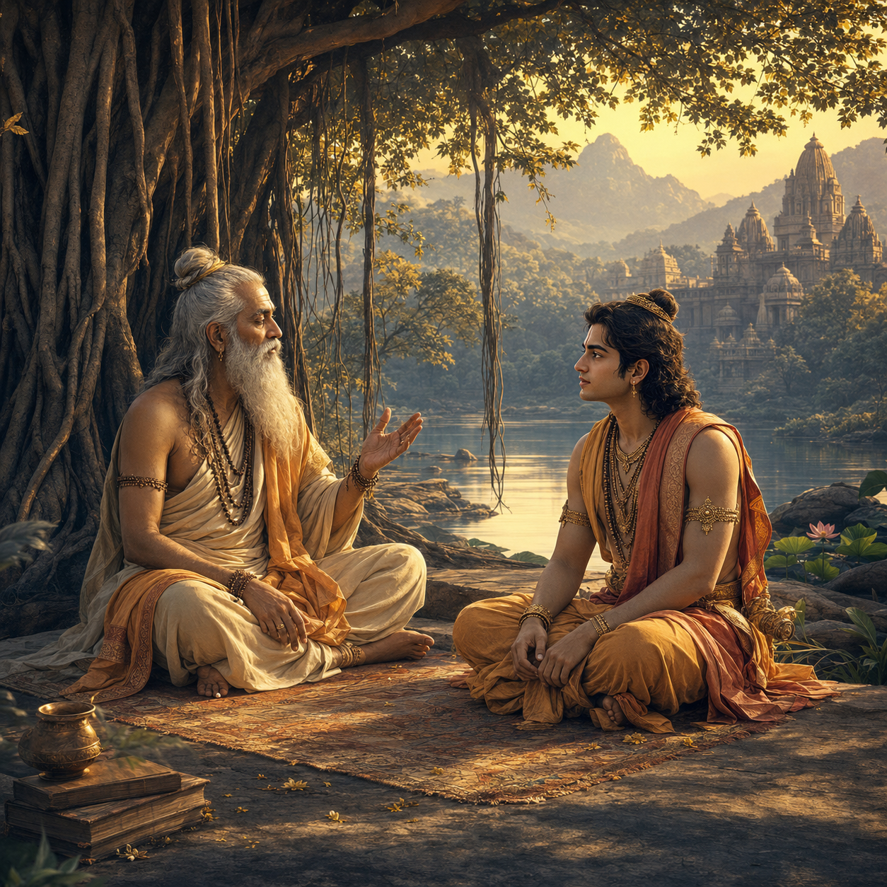 Sage Vasistha teaching Rama beneath a banyan tree