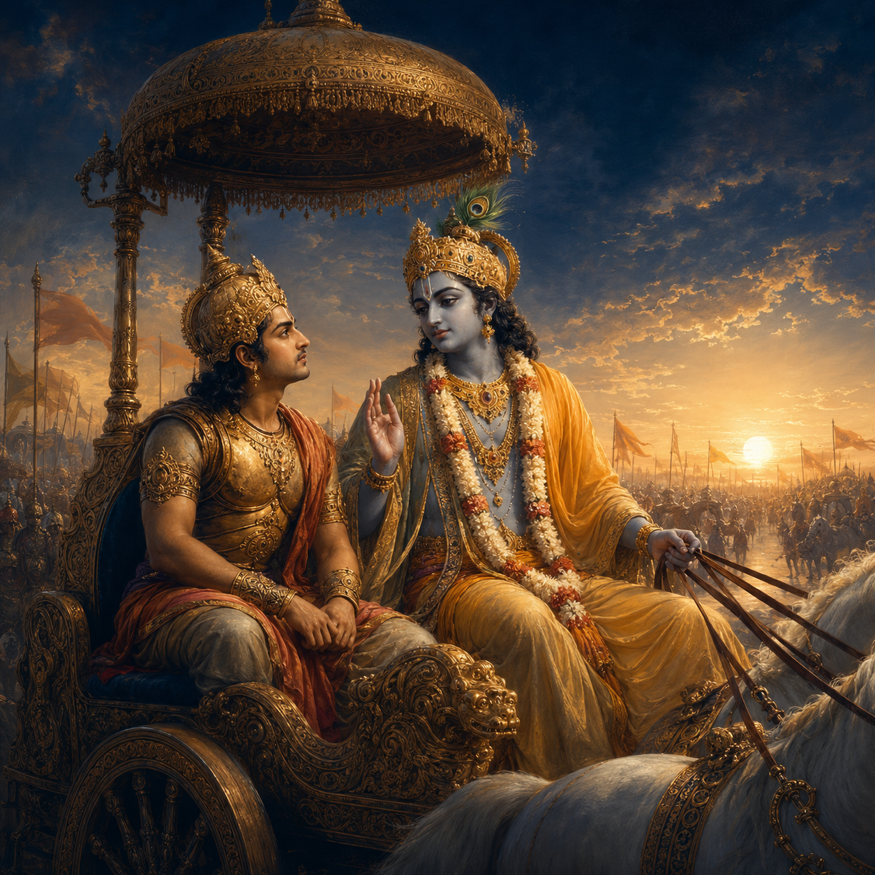 Krishna teaching Arjuna on the battlefield in the Bhagavad Gita