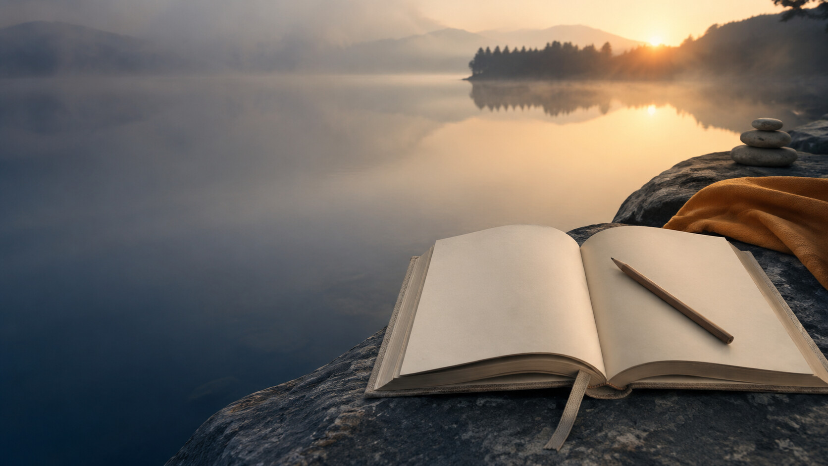 Open journal and pencil beside calm water at sunrise